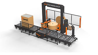 model of a Mondi conveyor belt alongside a ream of paper packaging
